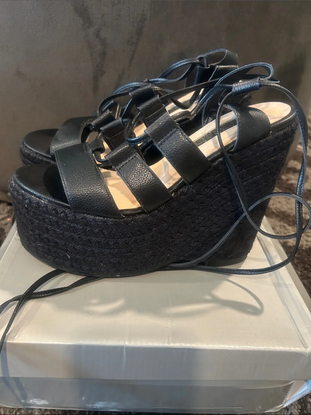 Krush Black Lace-Up Platform Espadrille Wedges